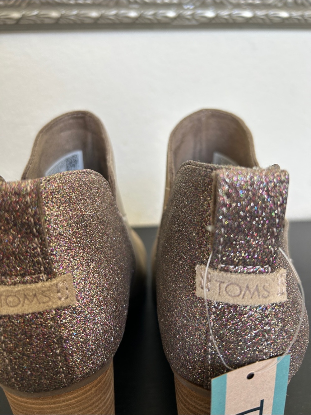 Toms Taupe Suede Ankle Booties with Multicolor Glitter Heel - Picture 5 of 6